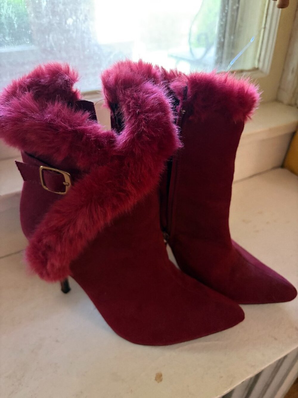 Anne Michelle Buckle Faux Fur Collar Pointy Toe Stiletto Ankle Boots Heels